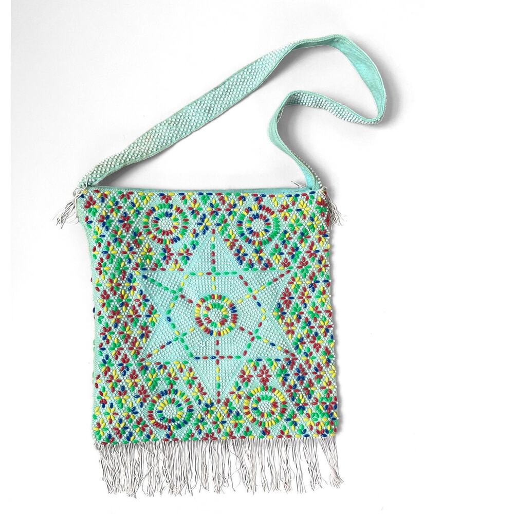 Vintage 60s Boho Star Embellished Fringe Bag Beaded CrossBody Retro Boho Tote